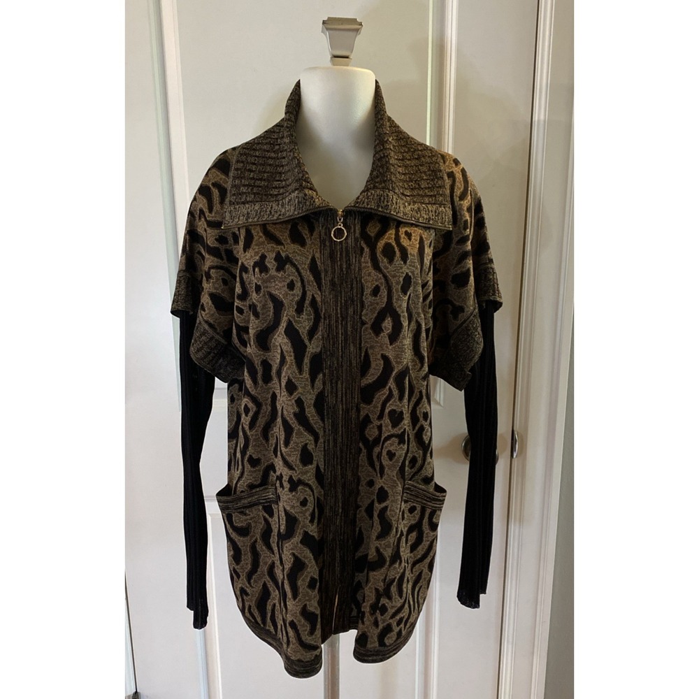 MISOOK Front Zip Cardigan Animal‎ Print Shawl Collar Layered Black Camel -Size L